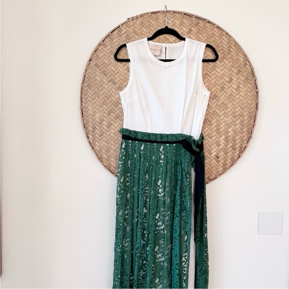 GORGEOUS ERIKA CAVALLINI WHITE DRESS W/ GREEN LACE OVERLAY - MADE IN ITALY‎ -EUC - Picture 13 of 16